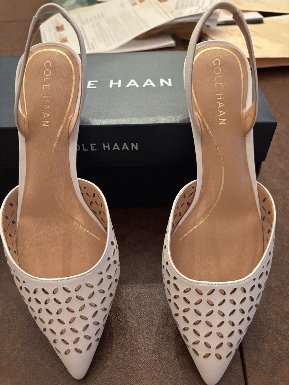 Cole Haan White Laser-Cut Pointed Slingback Mules